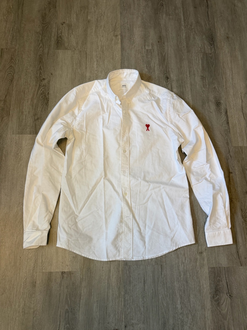 Ami Alexandre Mattiussi White Button-Up Shirt with Red Heart Logo
